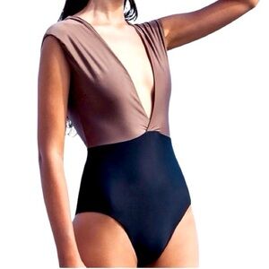 Haight. Women’s Sz M Bronze Black Deep Plunge V One Piece Swimsuit Bathing Suit